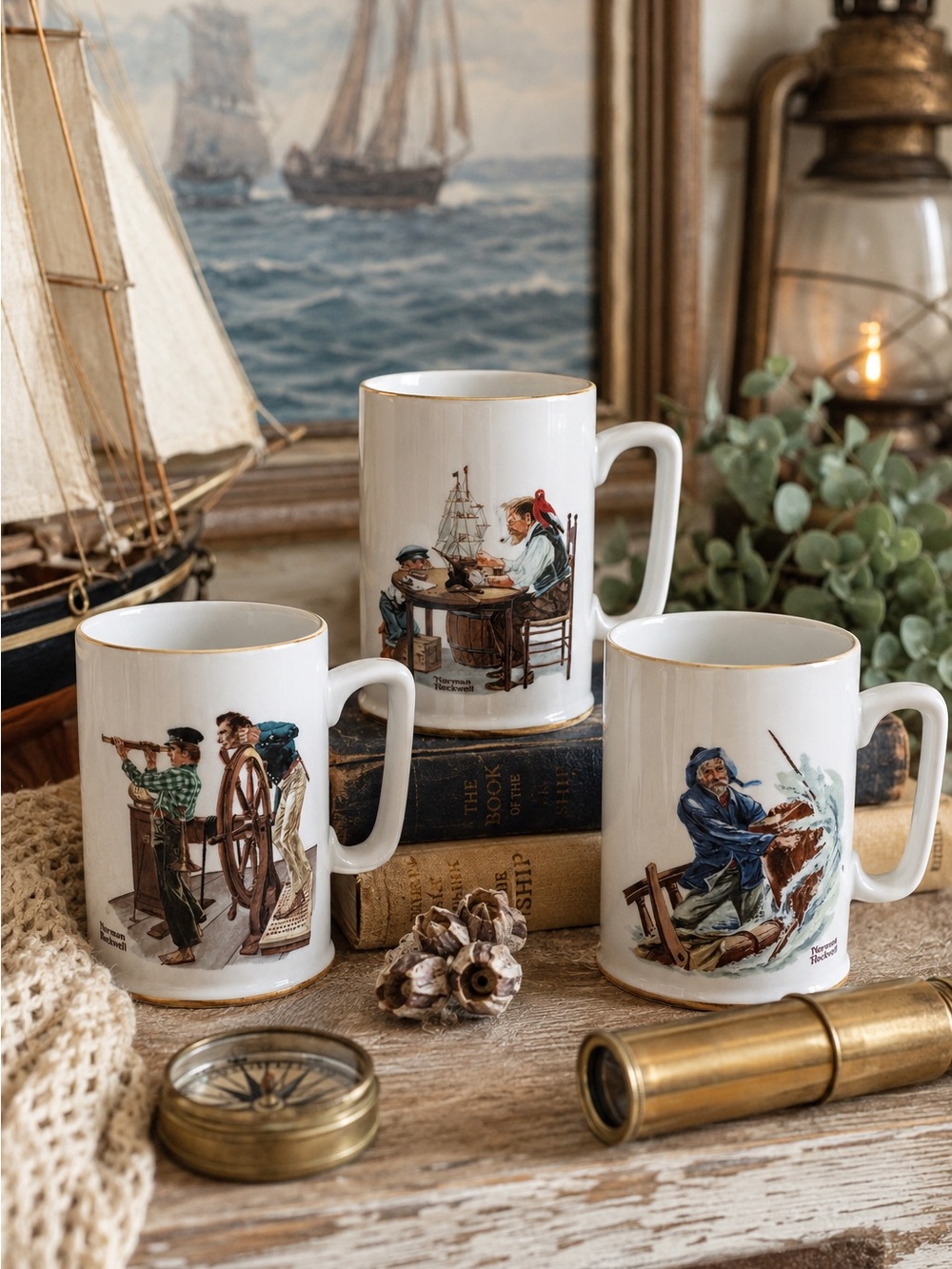 Vintage Set of 3 Norman Rockwell Nautical Porcelain Mugs 24k Gold Rim Coastal
